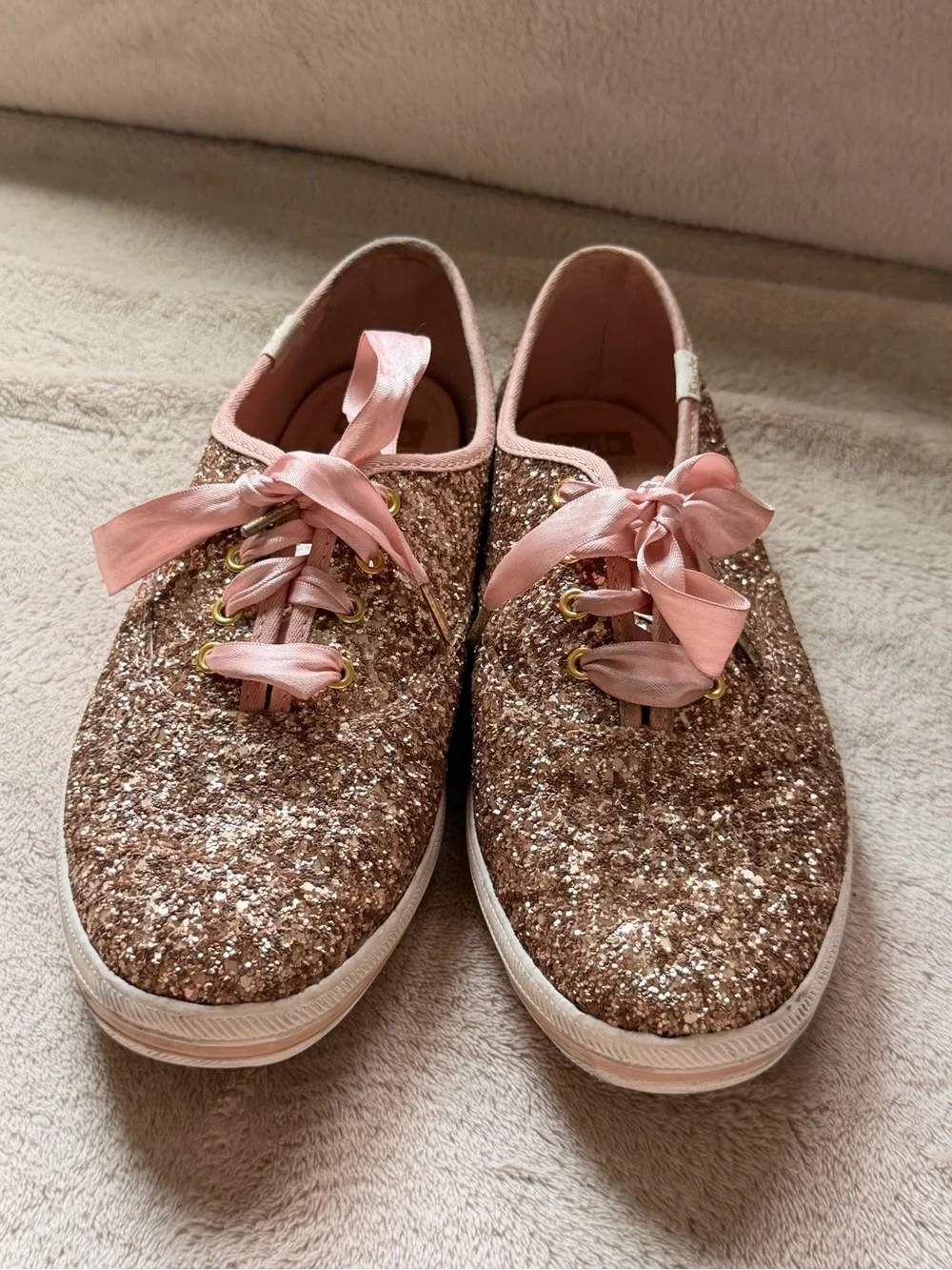 kate spade Keds  Rose Gold Glitter Espadrille Sneakers with Pink Ribbon
